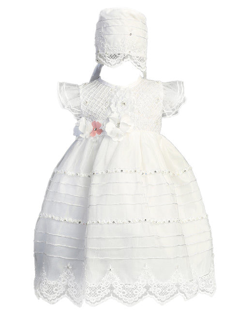 Little Girls White 3D Flower Tulle Flutter Sleeve Bonnet Baptism Gown Newborn-3 - SophiasStyle.com