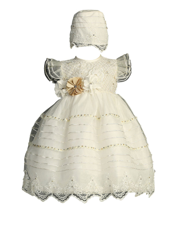 Tip Top Kids Girls Ivory Flower Embellished Bonnet Christening Gown Outfit, Sizes 0-3 - SophiasStyle.com