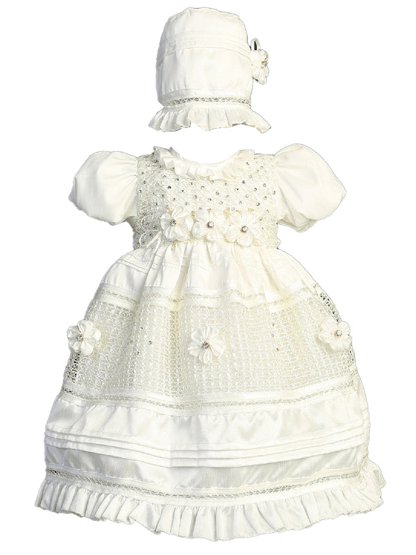 Little Girls White Puff Sleeve Sequin Ruffle Bonnet Baptism Gown Newborn-3 - SophiasStyle.com