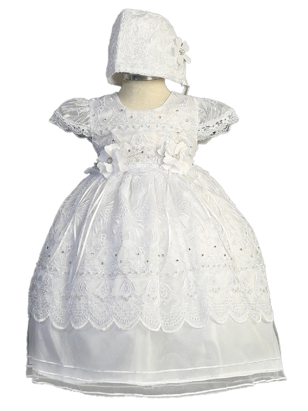 Little Girls White Tulle Cape Sleeve Embroidered Bonnet Baptism Gown Newborn-3 - SophiasStyle.com