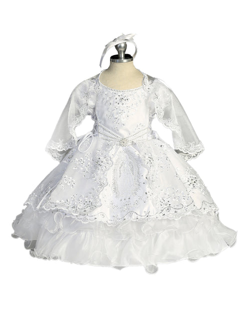 Little Girls White Beaded Lace Ruffle Bottom Virgin Mary Baptism Gown Newborn-6 - SophiasStyle.com