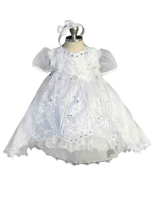 Little Girls White Metallic Lace Bodice Organza Lace Trim Baptism Gown Newborn-6 - SophiasStyle.com