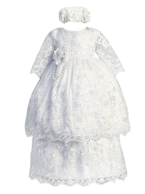 Baby Girls White Sequin Flower Lace Tunic Overlay Headband Baptism Gown S-L - SophiasStyle.com