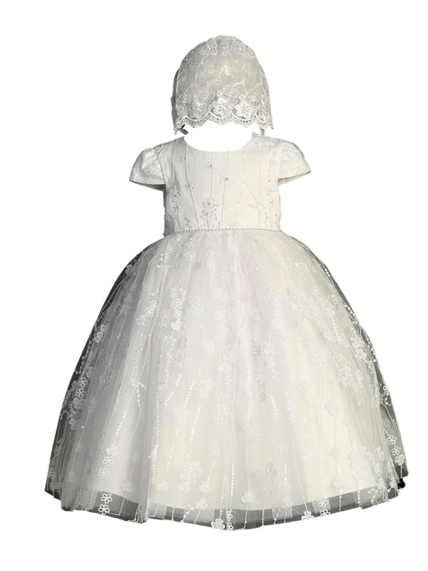 Tip Top Kids Girls White Lace Applique Rhinestone Bonnet Christening Gown Outfit, Sizes S-XL - SophiasStyle.com
