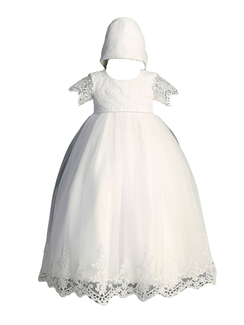 Tip Top Kids Girls White Scalloped Edge Bonnet Christening Gown Outfit, Sizes S-XL - SophiasStyle.com
