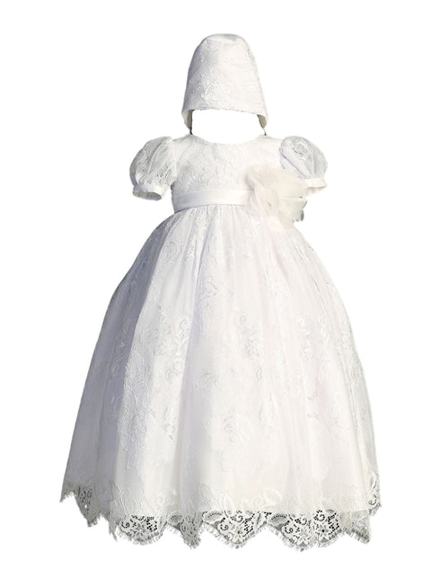 Tip Top Kids Girls White Flower Adorned Waist Bonnet Baptism Gown Outfit, Sizes S-XL - SophiasStyle.com