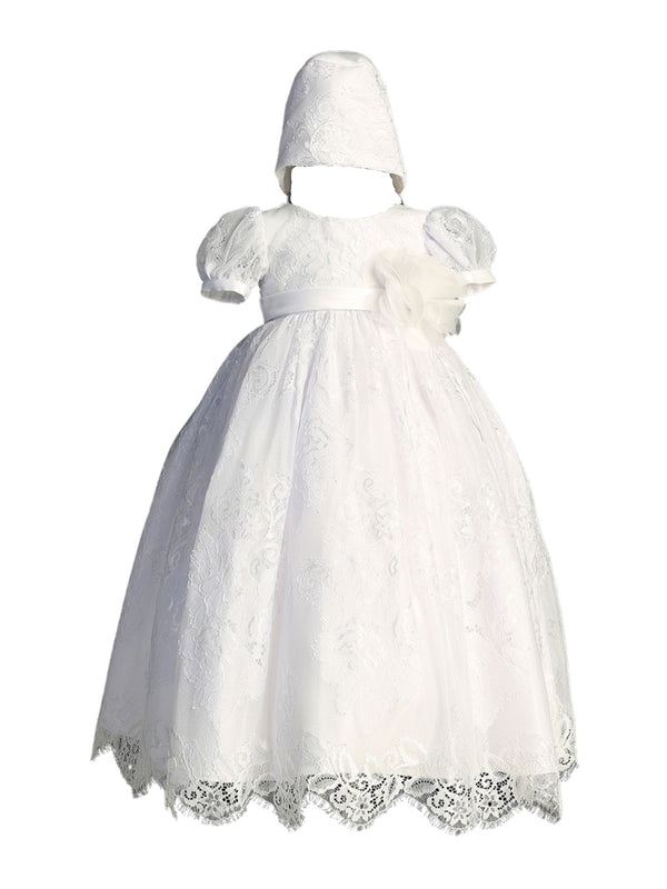 Tip Top Kids Girls White Flower Adorned Waist Bonnet Baptism Gown Outfit, Sizes S-XL - SophiasStyle.com