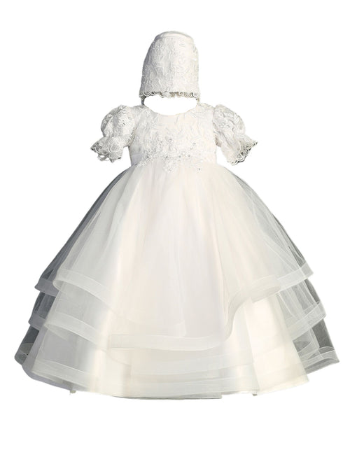 Tip Top Kids Girls White Lace Applique Puff Sleeve Bonnet Baptism Gown Outfit, Sizes S-XL - SophiasStyle.com