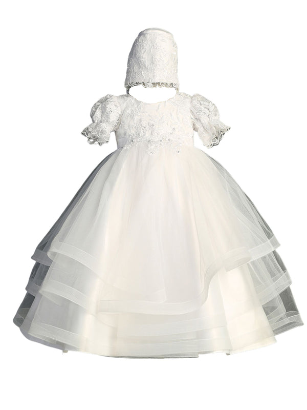 Tip Top Kids Girls White Lace Applique Puff Sleeve Bonnet Baptism Gown Outfit, Sizes S-XL - SophiasStyle.com