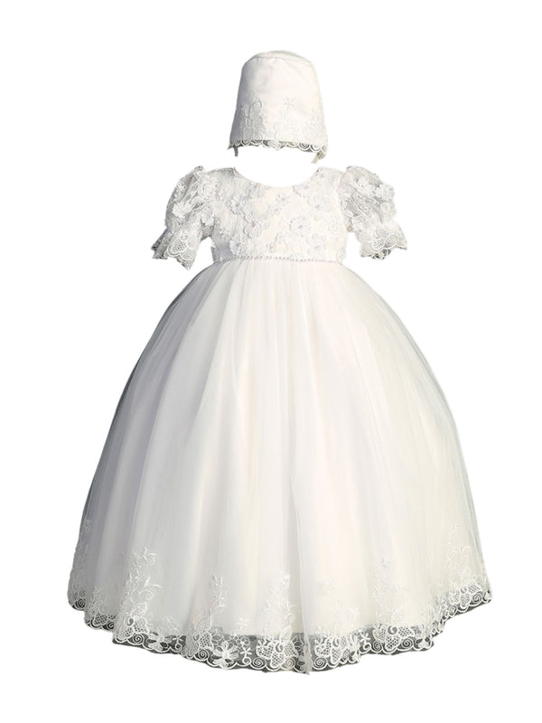 Tip Top Kids Girls White Floral Lace Bonnet Baptism Gown Outfit, Sizes S-XL - SophiasStyle.com