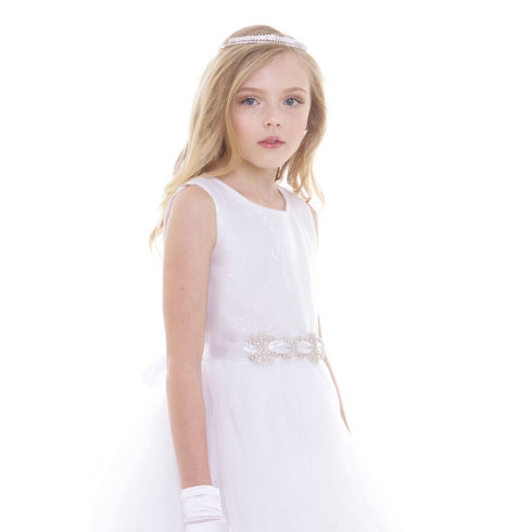Petite Adele Big Girls White Satin Sequin Tulle Junior Bridesmaid Dress 8-16 - SophiasStyle.com