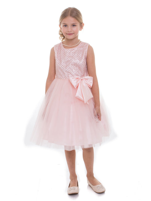 Petite Adele Big Girls Blush Sequin Charmeuse Bow Junior Bridesmaid Dress 8-12 - SophiasStyle.com