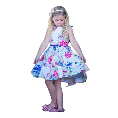 Petite Adele Little Girls Blue Taffeta Floral Print Ribbon Spring Dress 2-6 - SophiasStyle.com