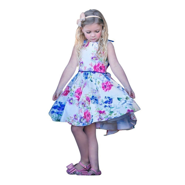 Petite Adele Little Girls Blue Taffeta Floral Print Ribbon Spring Dress 2-6 - SophiasStyle.com