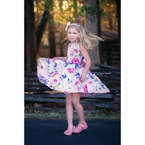 Petite Adele Little Girls Blue Taffeta Floral Print Ribbon Spring Dress 2-6 - SophiasStyle.com