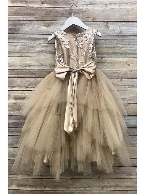 Petite Adele Big Girls Champagne Sequin Tiered Tutu Junior Bridesmaid Dress 8-12 - SophiasStyle.com