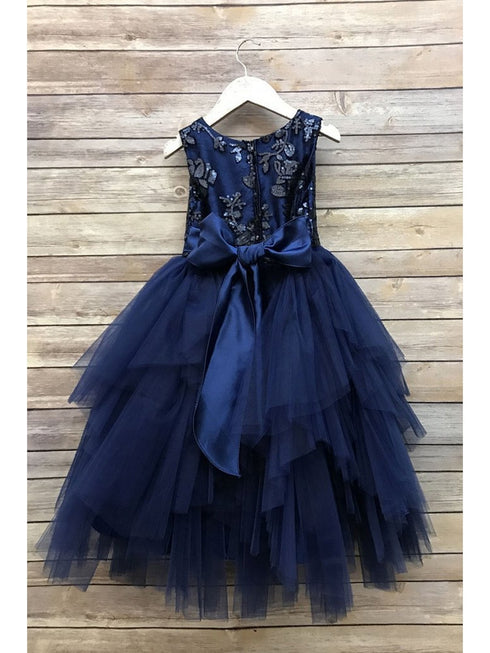 Petite Adele Big Girls Navy Sequin Tiered Tutu Junior Bridesmaid Dress 8-12 - SophiasStyle.com
