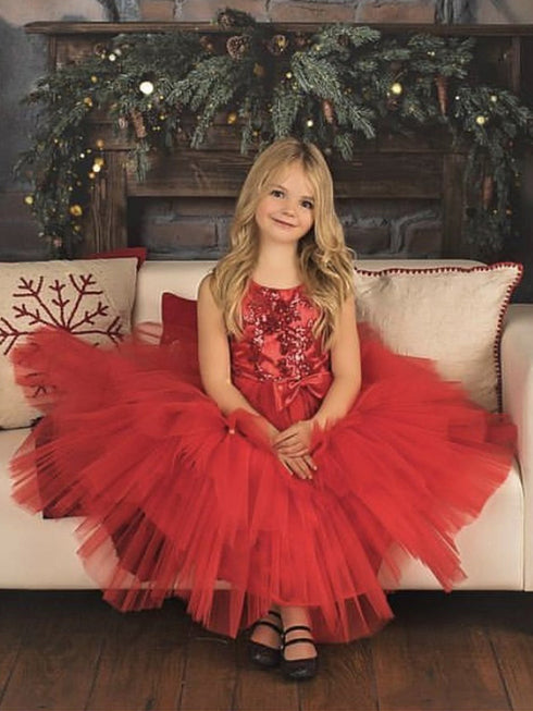Petite Adele Big Girls Red Sequin Tiered Tutu Junior Bridesmaid Dress 8-12 - SophiasStyle.com