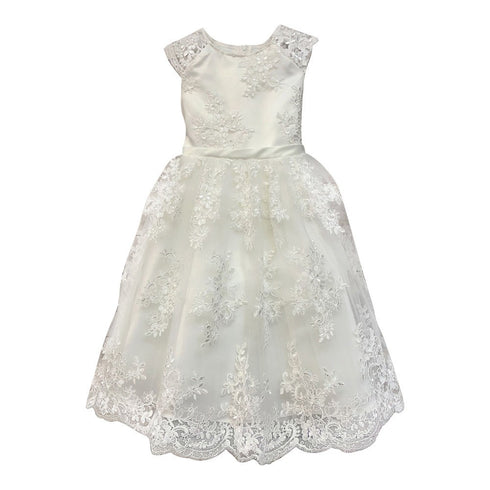 Petite Adele Little Girls Ivory Satin Lace Tea Length Flower Girl Dress 2 - SophiasStyle.com