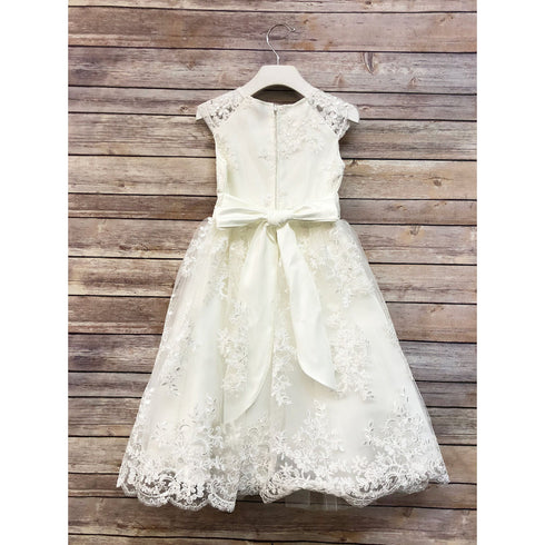 Petite Adele Little Girls Ivory Satin Lace Tea Length Flower Girl Dress 2 - SophiasStyle.com