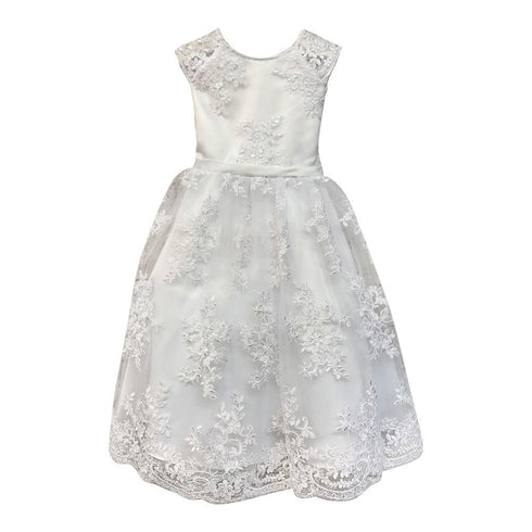 Petite Adele Little Girls White Satin Lace Tea Length Flower Girl Dress 2-6 - SophiasStyle.com