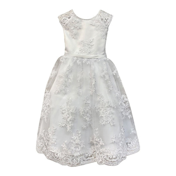 Petite Adele Little Girls White Satin Lace Tea Length Flower Girl Dress 2-6 - SophiasStyle.com