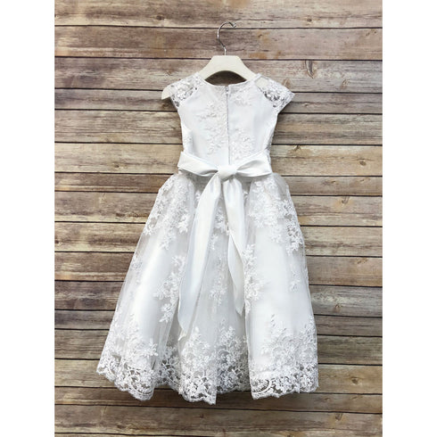 Petite Adele Little Girls White Satin Lace Tea Length Flower Girl Dress 2-6 - SophiasStyle.com
