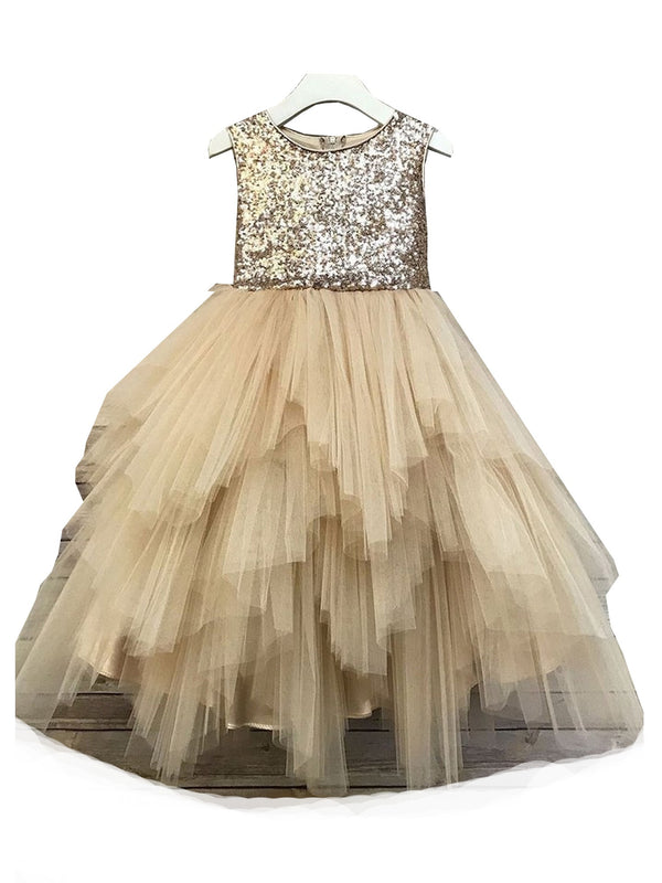 Petite Adele Big Girls Champagne Sequin Multi Tiered Special Occasion Dress 8-12 - SophiasStyle.com