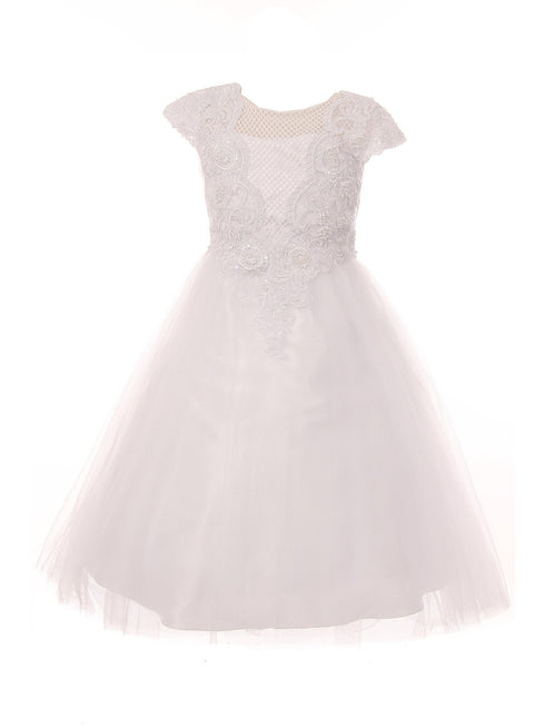 Little Girls White Pearl Accented Embroidered Stylish Flower Girl Dress 4-6 - SophiasStyle.com