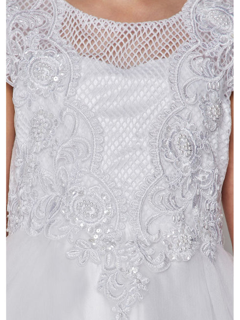 Little Girls White Pearl Accented Embroidered Stylish Flower Girl Dress 4-6 - SophiasStyle.com