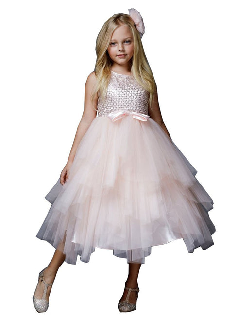 Petite Adele Big Girls Blush Sequin Ruffle Tiered Lola Special Occasion Dress 8-12 - SophiasStyle.com