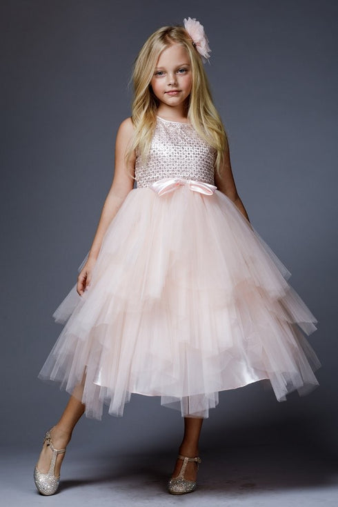 Petite Adele Big Girls Blush Sequin Ruffle Tiered Lola Special Occasion Dress 8-12 - SophiasStyle.com