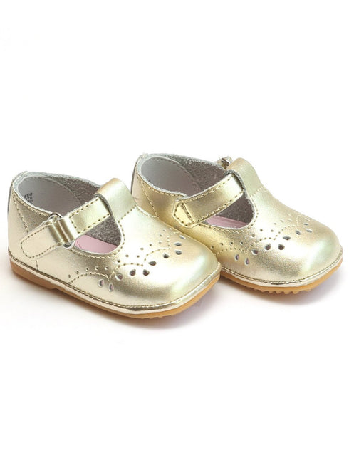 Angel Girls Gold Birdie Perforated T Strap Mary Jane Shoes 1 Baby-7 Toddler - SophiasStyle.com