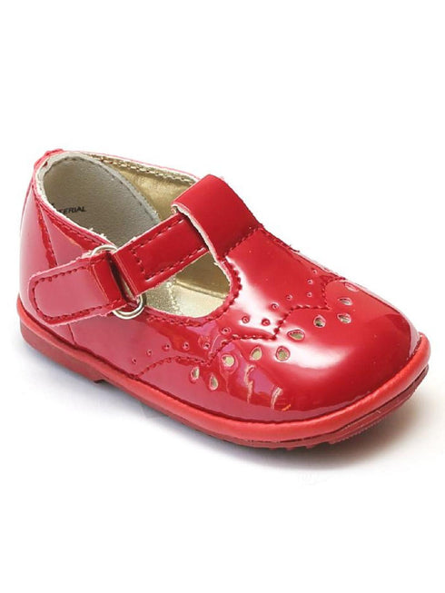 Angel Girls Patent Red Birdie Perforated T Strap Mary Jane Shoe 1 Baby-7 Toddler - SophiasStyle.com