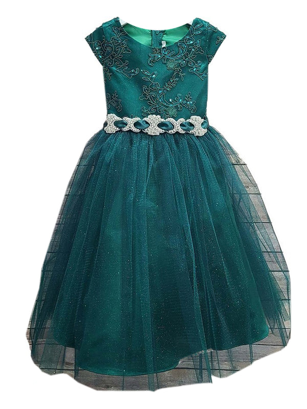 Girls Hunter Green Embroidered Bodice Crystal Belt Gown 2-16 - SophiasStyle.com