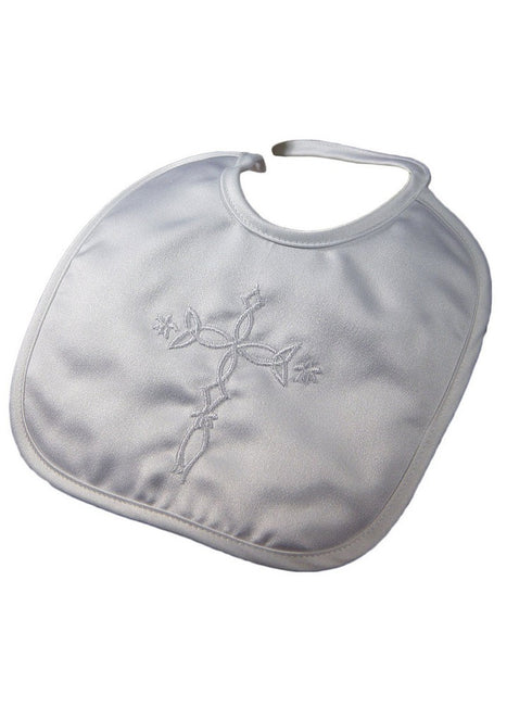 Little Things Mean A Lot White Satin Celtic Cross Embroidered Bib - SophiasStyle.com
