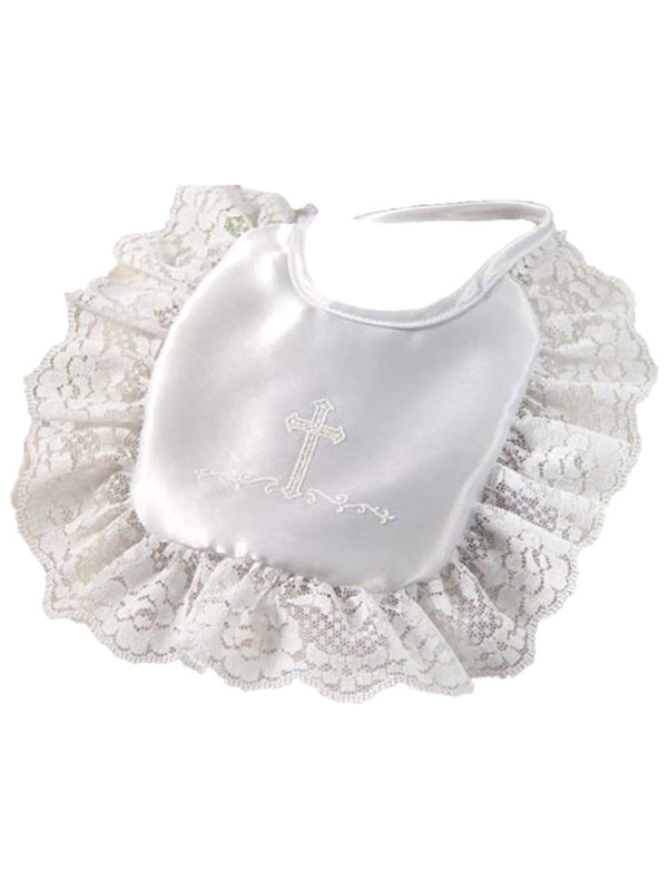 Little Things Mean A Lot Baby Girls White Matte Satin Lace Cross Bib - SophiasStyle.com