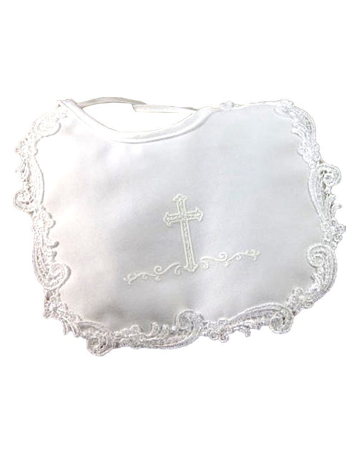 Little Things Mean A Lot Baby Girls White Matte Satin Screened Cross Bib - SophiasStyle.com