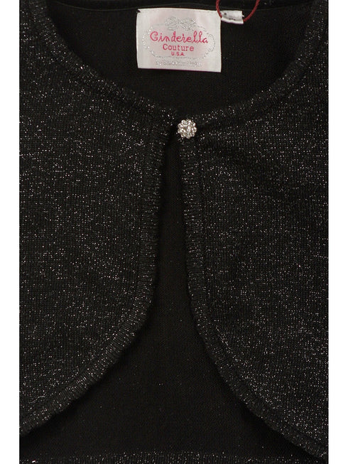 Big Girls Black Metallic Shiny Rhinestone Flower Button Sweater Bolero 8-14 - SophiasStyle.com