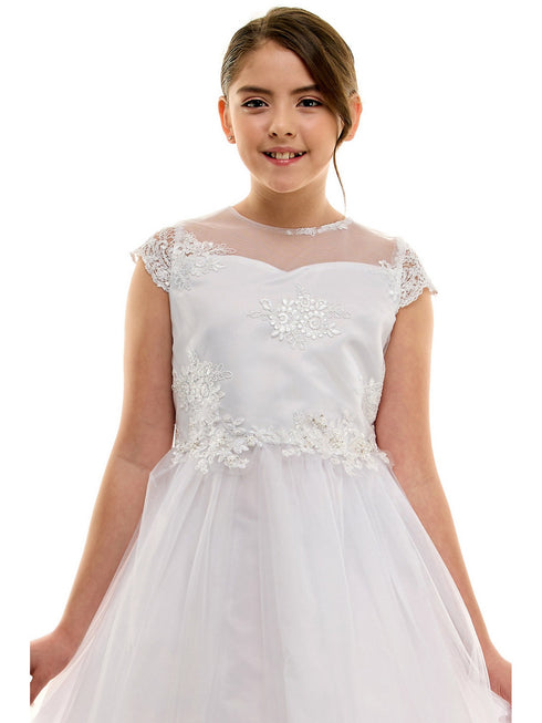 Petite Adele Big Girls White Lace Overlay Short Sleeve Communion Dress 8-16 - SophiasStyle.com