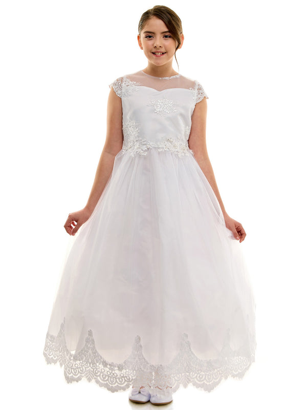 Petite Adele Big Girls White Lace Overlay Short Sleeve Communion Dress 8-16 - SophiasStyle.com
