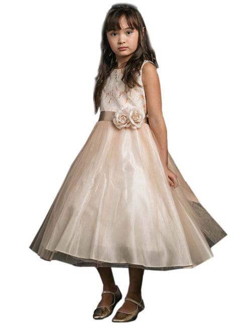 Petite Adele Little Girls Champagne Jacquard Top Two Flowers Waist Dress 2-6 - SophiasStyle.com