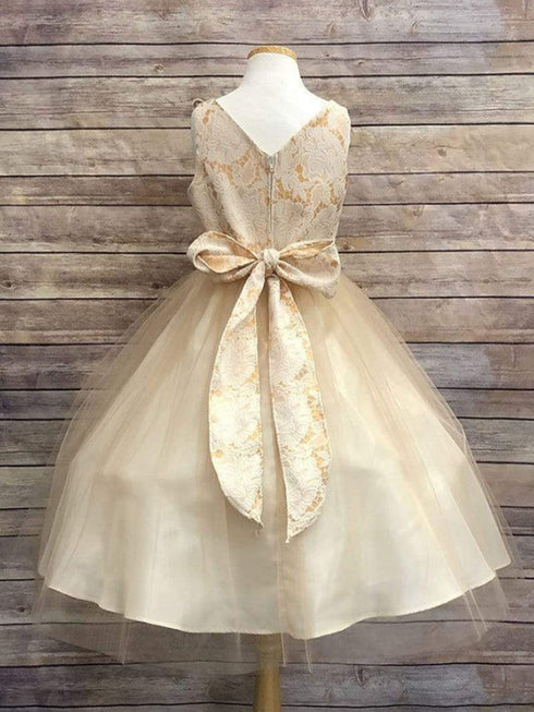 Petite Adele Big Girls Champagne Jacquard Top Two Flowers Waist Dress 8-12 - SophiasStyle.com