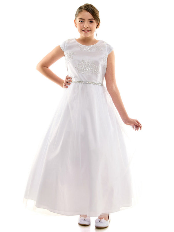 Petite Adele Girls White Sparkle Floral Embroidered First Communion Dress 6-20 - SophiasStyle.com