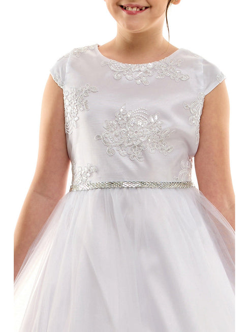 Petite Adele Girls White Sparkle Floral Embroidered First Communion Dress 6-20 - SophiasStyle.com