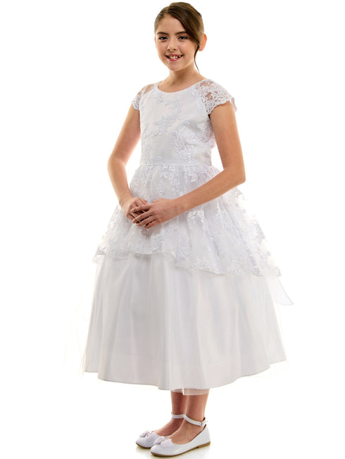 Petite Adele Girls White Embroidered Overlay Cap Sleeve First Communion Dress, Sizes 2-20 - SophiasStyle.com