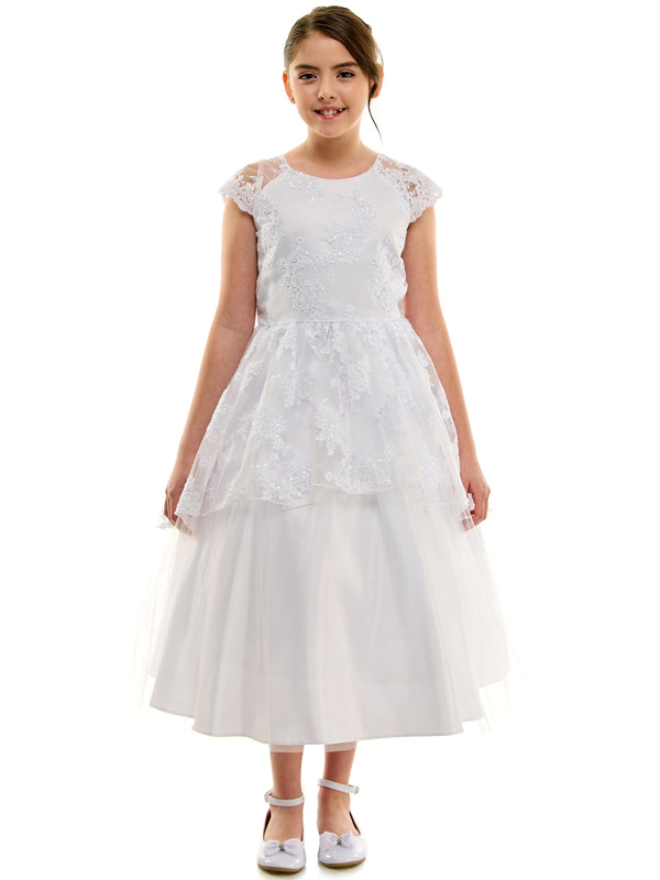 Petite Adele Girls White Embroidered Overlay Cap Sleeve First Communion Dress, Sizes 2-20 - SophiasStyle.com