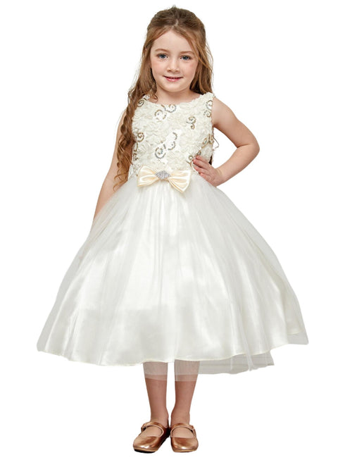 Petite Adele Girls Ivory 3D Flower Bodice Tulle Dress with Satin Bow, Sizes 2-12 - SophiasStyle.com