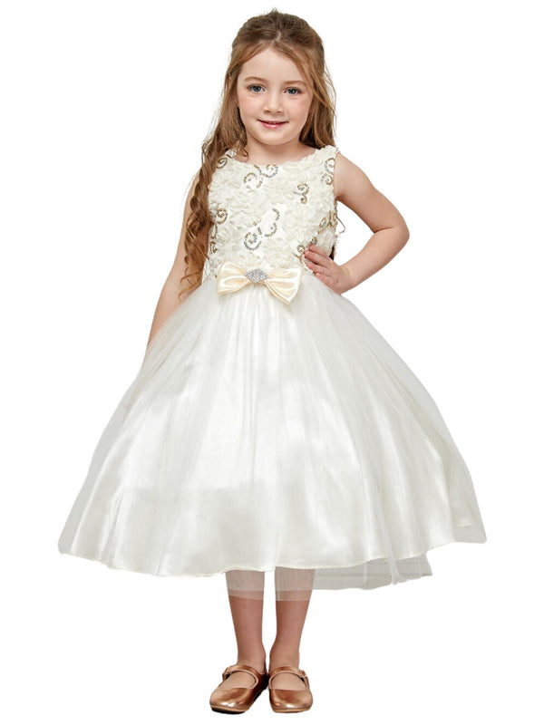 Petite Adele Girls Ivory 3D Flower Bodice Tulle Dress with Satin Bow, Sizes 2-12 - SophiasStyle.com