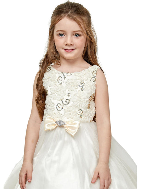 Petite Adele Girls Ivory 3D Flower Bodice Tulle Dress with Satin Bow, Sizes 2-12 - SophiasStyle.com